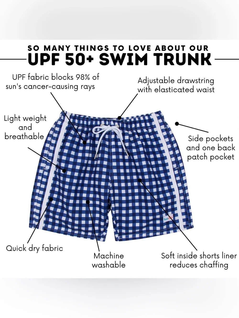 SwimZip Boys 2T UPF 50+ Gingham Swim Trunks Bundle Blue White Quick Dry Pool